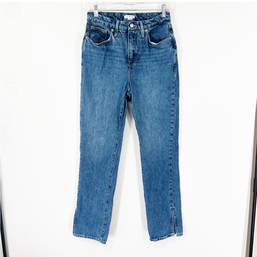 Good American Good Boy Straight Jeans High Rise Ankle Slits